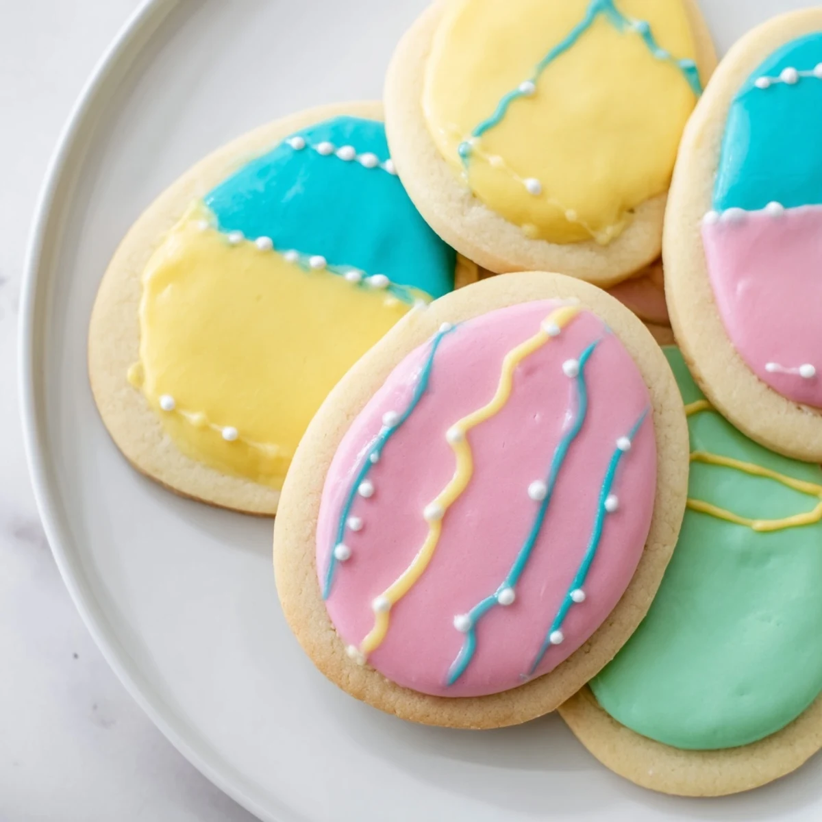 A close-up view of Easter Egg Sugar Cookies with Icing, showing smooth royal icing details and a buttery cookie texture.