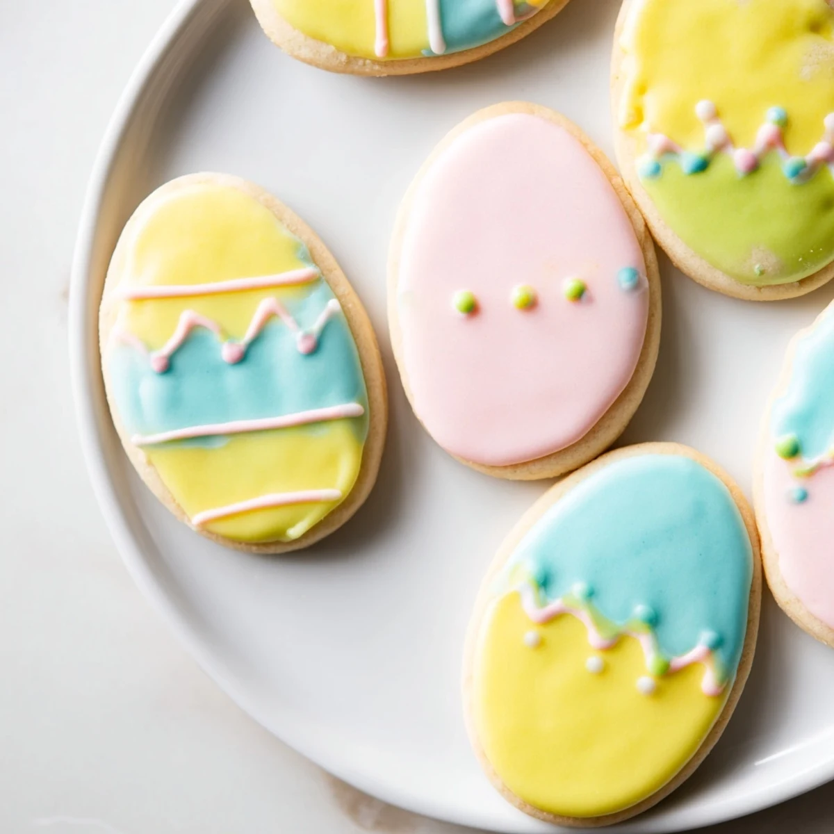 Easter Egg Sugar Cookies with Icing are arranged on a dessert plate with tulip garnish, ready for a festive family gathering.