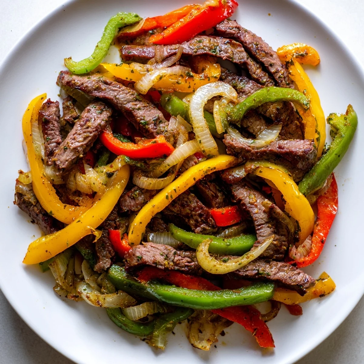 Tender beef strips sizzling with colorful peppers and onions on a hot skillet for Beef Fajitas.