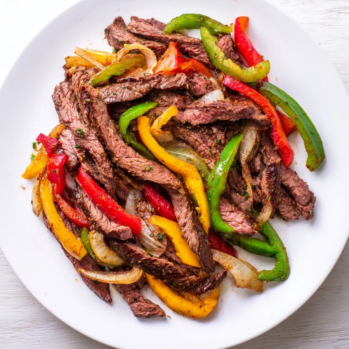 Vibrant, sliced bell peppers and onions mingling with seared steak in this classic Tex-Mex Beef Fajitas dish.