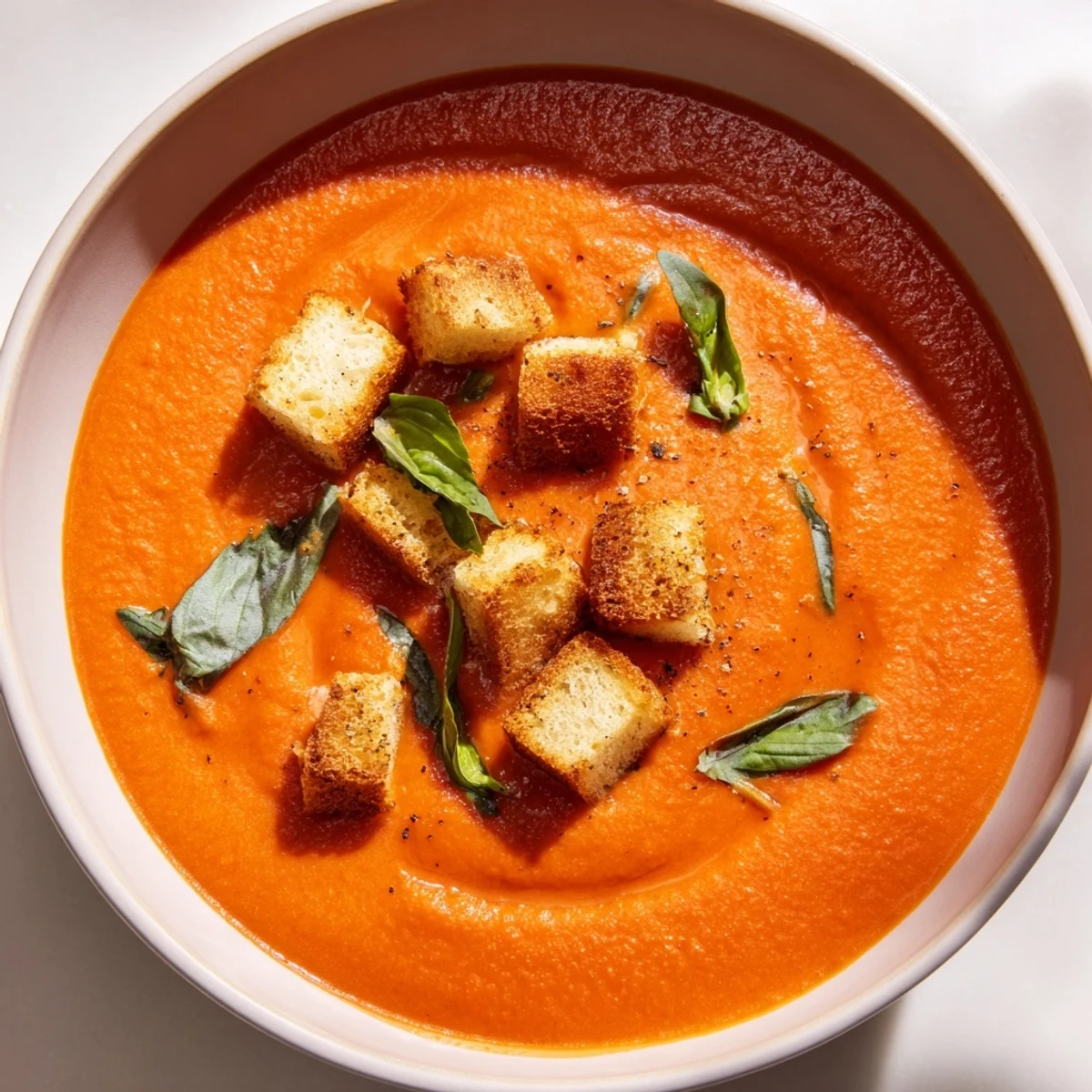 Creamy Tomato Basil Bisque with Croutons in a rustic bowl garnished with fresh basil leaves and golden croutons.
