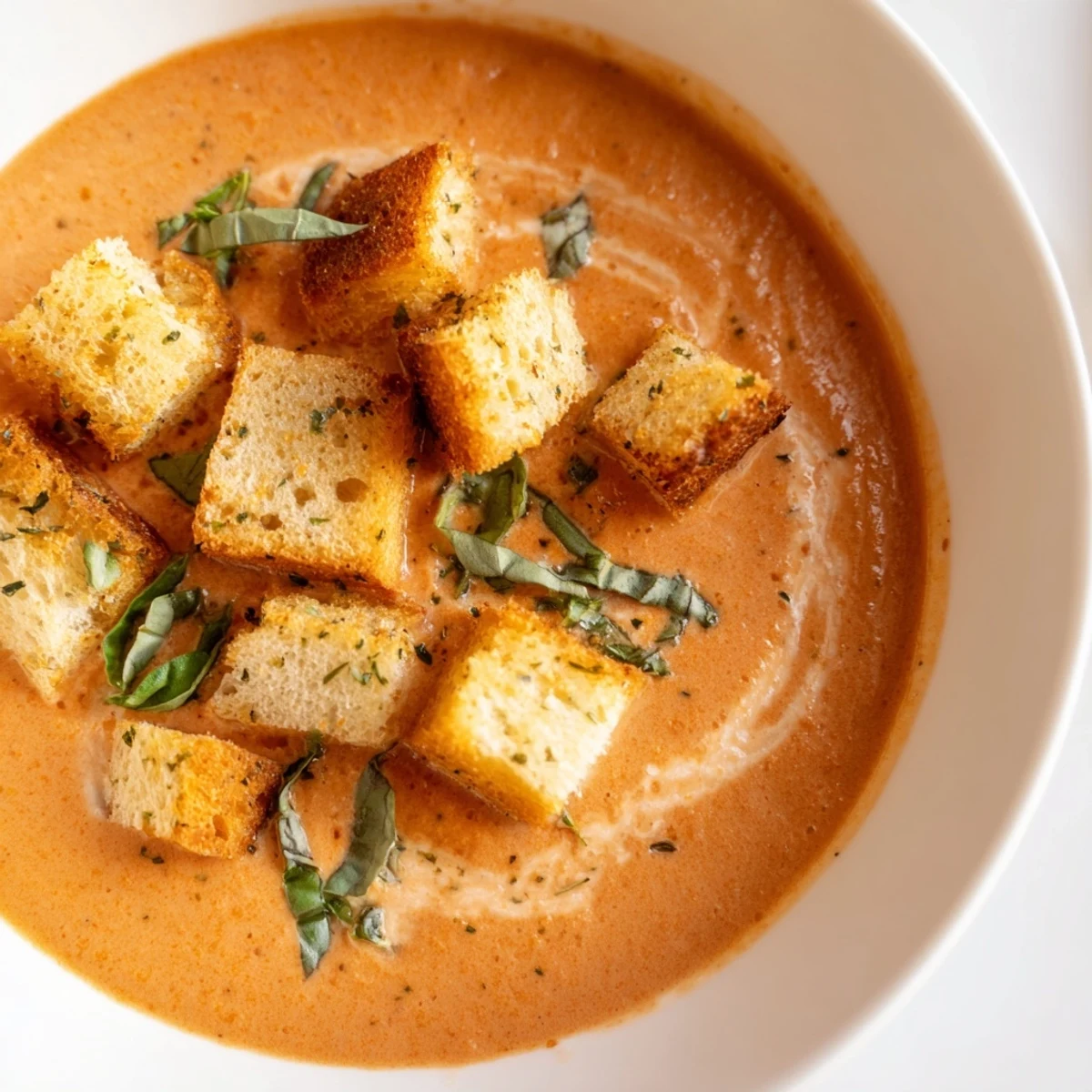 Close-up of Creamy Tomato Basil Bisque with Croutons showcasing the velvety red texture and crunchy bread topping.