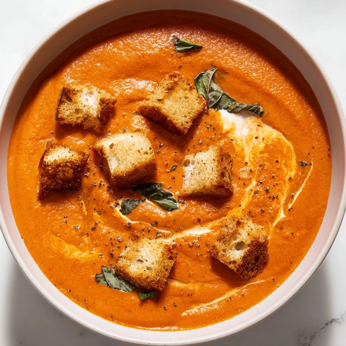 A steaming bowl of Creamy Tomato Basil Bisque with Croutons, perfect for a cozy American autumn lunch.