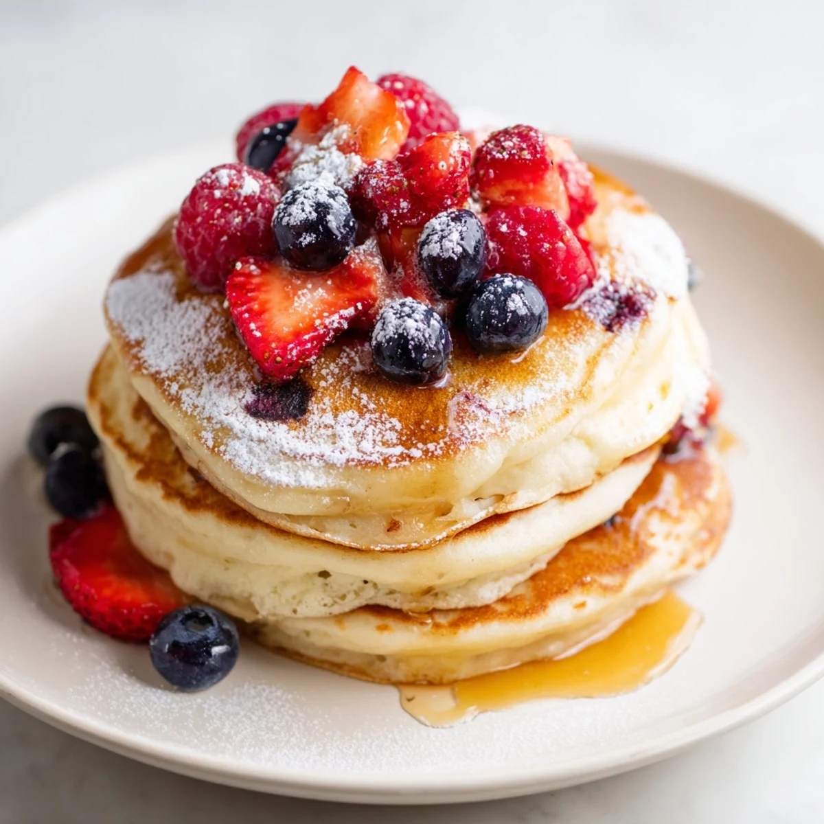 Fluffy Lemon Ricotta Pancakes with Fresh Berries stacked high on a plate, dusted with powdered sugar and drizzled with maple syrup.