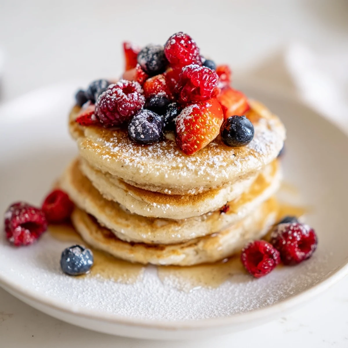 Freshly cooked Lemon Ricotta Pancakes with Fresh Berries served warm, topped with berries and a light dusting of powdered sugar.