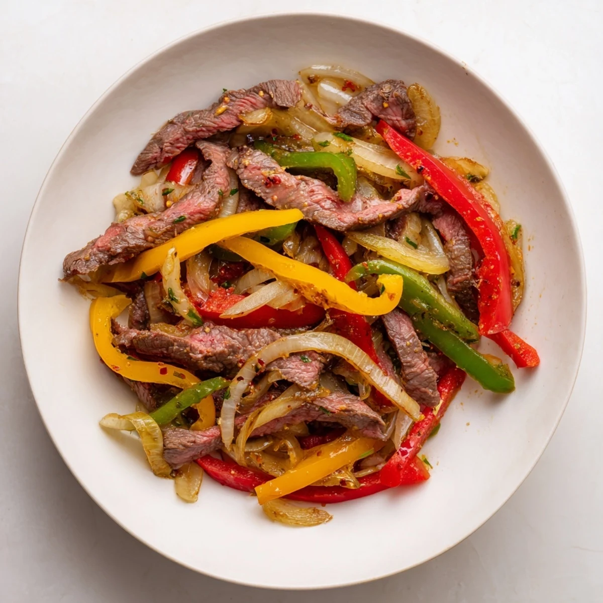 A close-up of Beef Fajitas with Peppers and Onions, showing juicy beef strips, colorful peppers, and onions on a cast iron skillet.