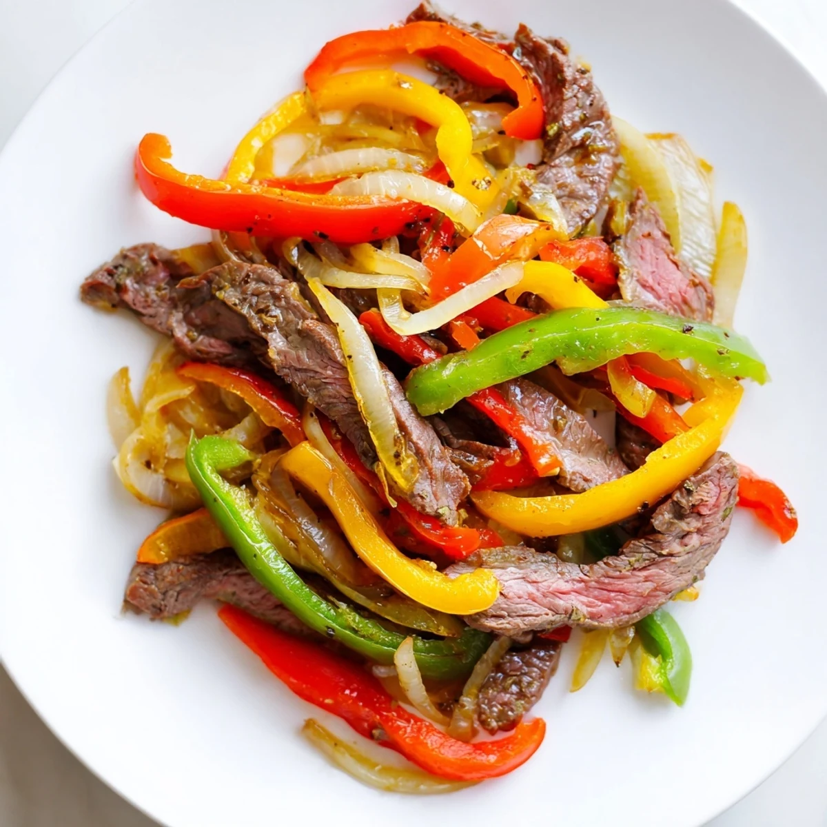Freshly prepared Beef Fajitas with Peppers and Onions plated with tortillas, cilantro, and a dollop of sour cream, ready to serve.