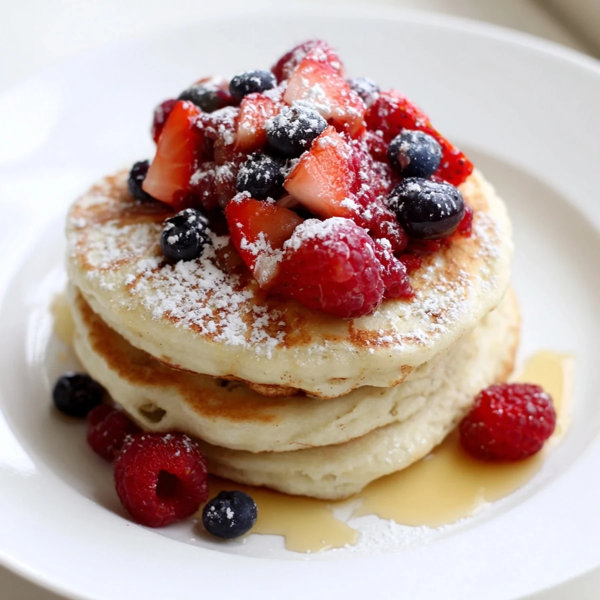 Fluffy Lemon Ricotta Pancakes with Fresh Berries topped with maple syrup on a white plate.  