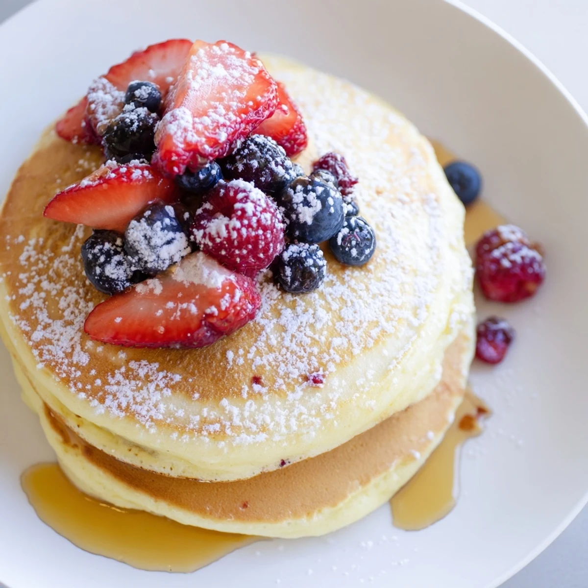 Stack of warm Lemon Ricotta Pancakes with Fresh Berries and powdered sugar for breakfast.  