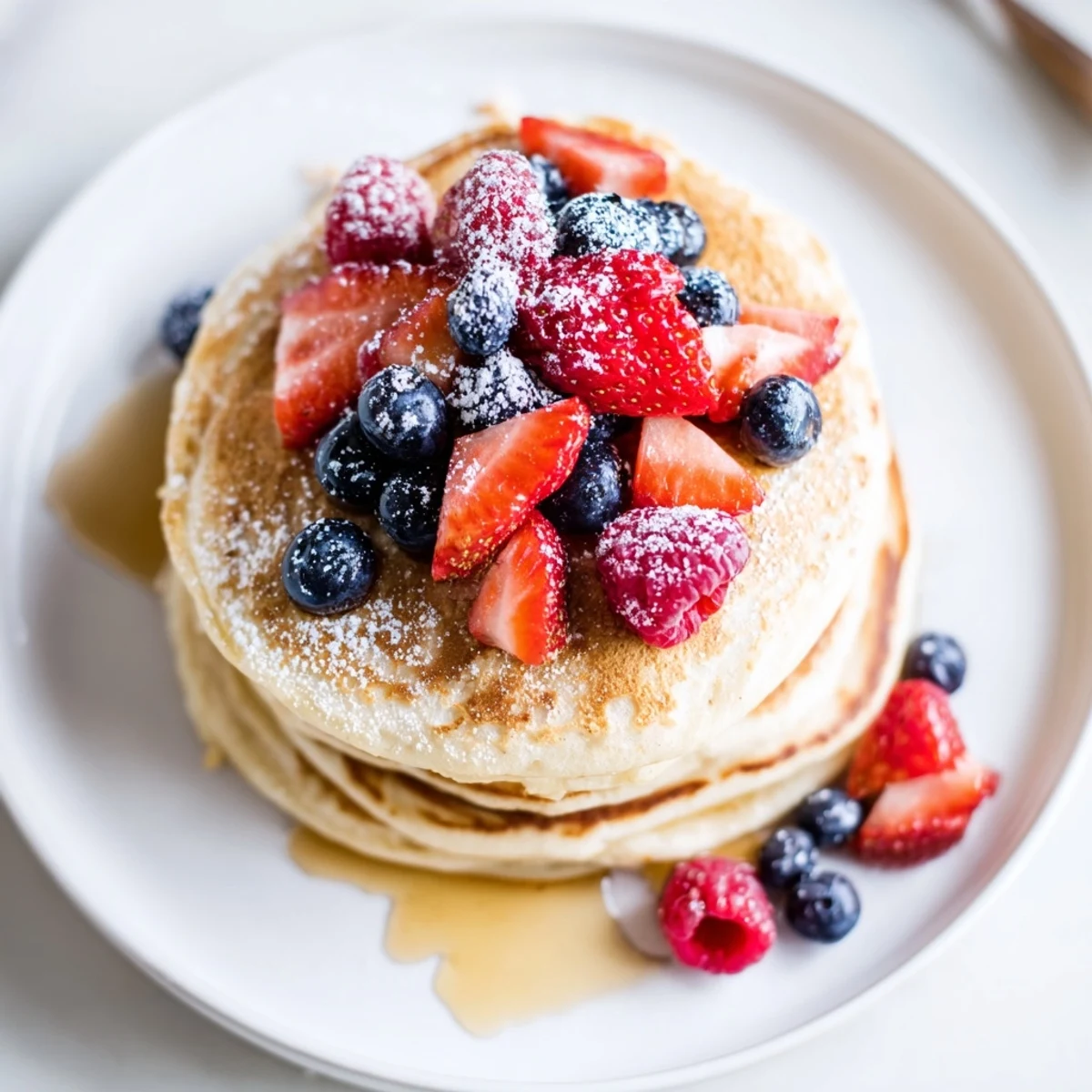 Golden Lemon Ricotta Pancakes with Fresh Berries served with a cup of coffee.