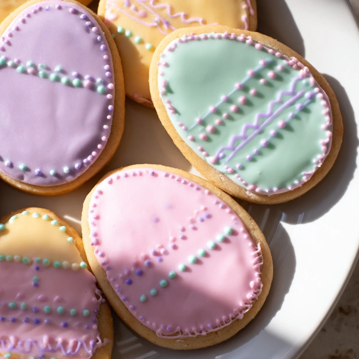 Vibrant pastel-colored Easter Egg Sugar Cookies with smooth icing, arranged on a pastel platter ready for spring celebrations.