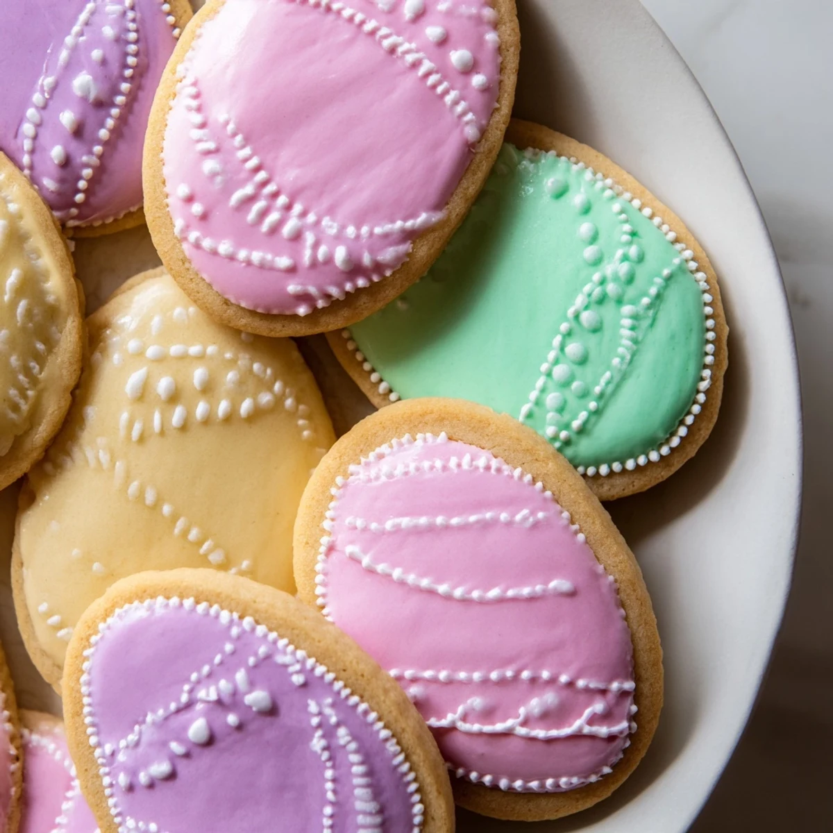 Close-up of Easter Egg Sugar Cookies with intricate piped icing designs, perfect for family baking and festive dessert tables.
