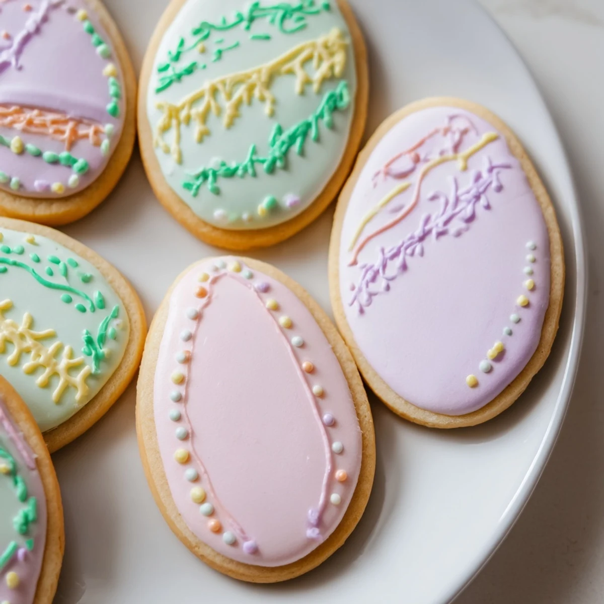 Freshly baked Easter Egg Sugar Cookies cooling on a wire rack, showing delicate golden edges and glossy royal icing details.