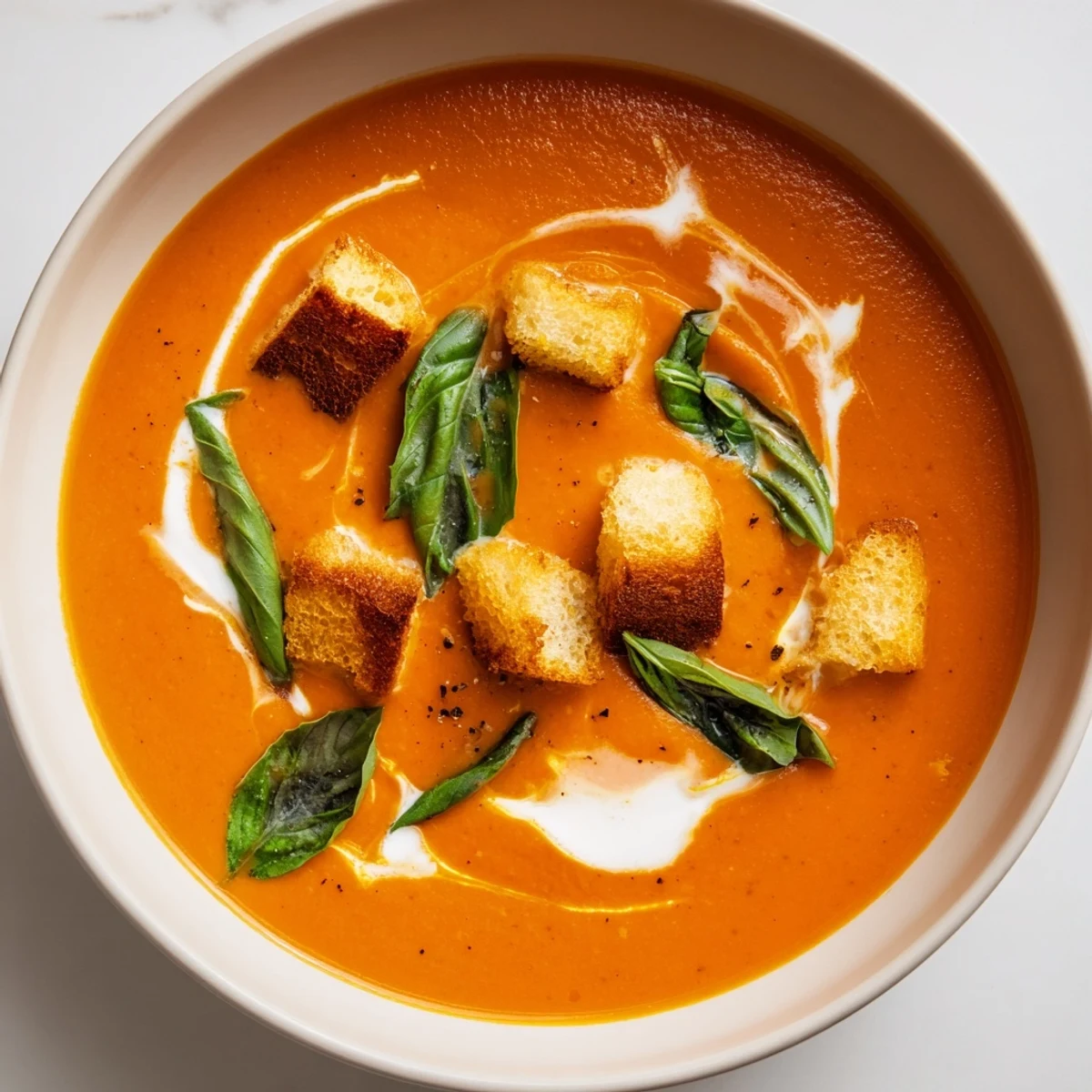 A bowl of creamy tomato basil bisque garnished with golden homemade croutons and fresh basil leaves.