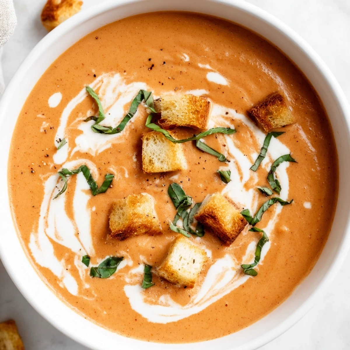 Creamy tomato basil bisque served in a rustic white bowl with crunchy croutons for texture.