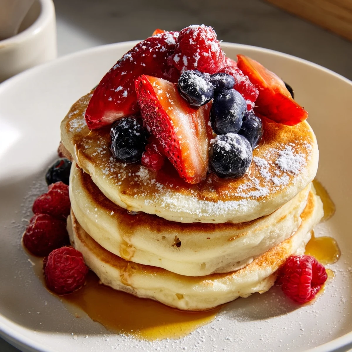 Fluffy Lemon Ricotta Pancakes with Berries topped with fresh blueberries and strawberries on a white plate.