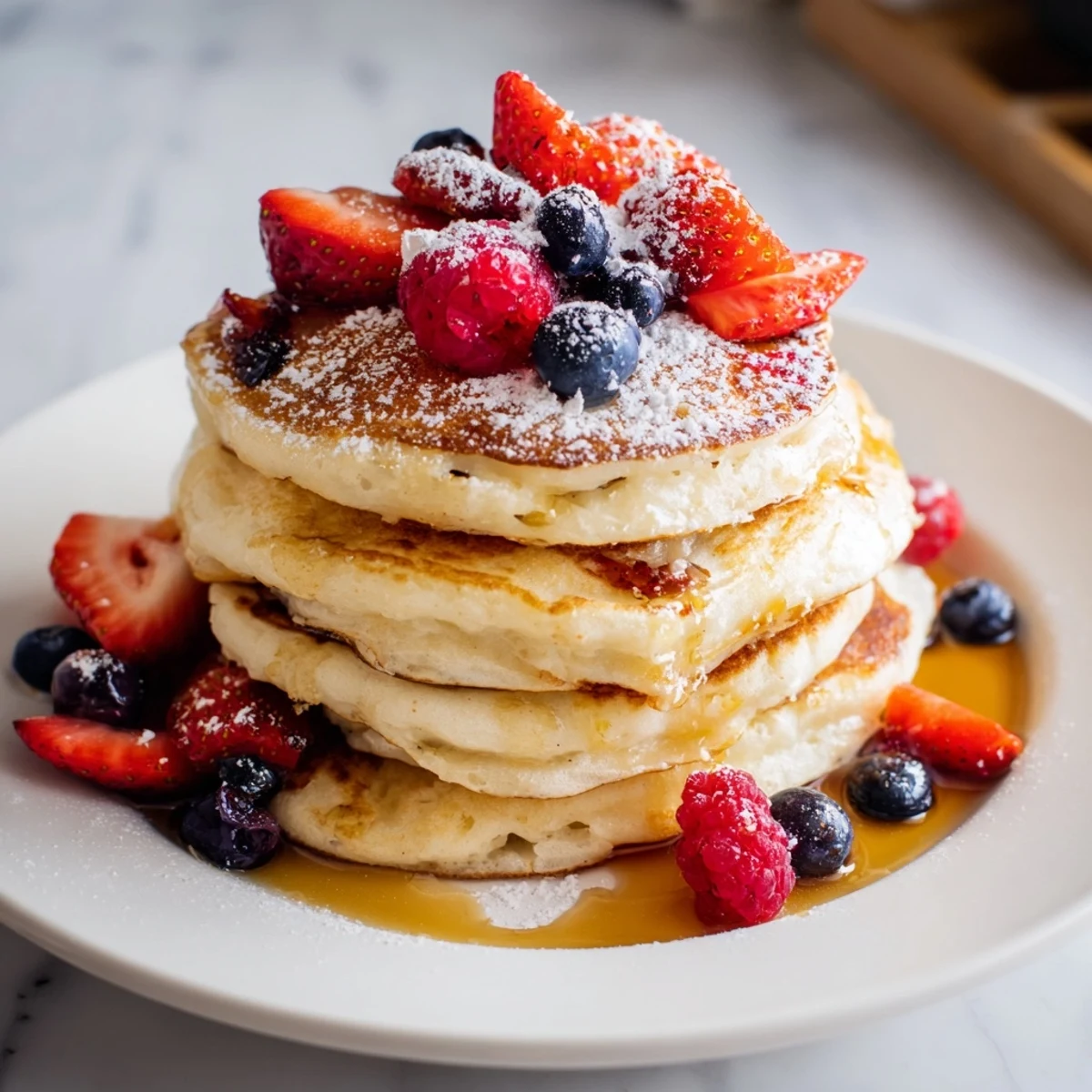 Warm Lemon Ricotta Pancakes with Berries served beside a mug of coffee and lemon zest garnish.