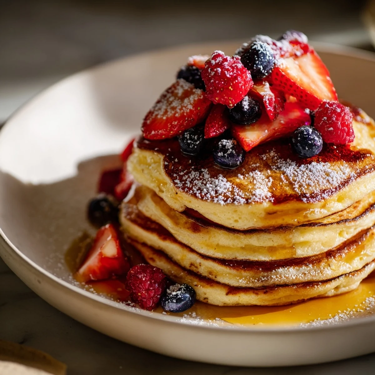 Golden stack of Lemon Ricotta Pancakes with Berries drizzled with maple syrup and a dusting of powdered sugar.