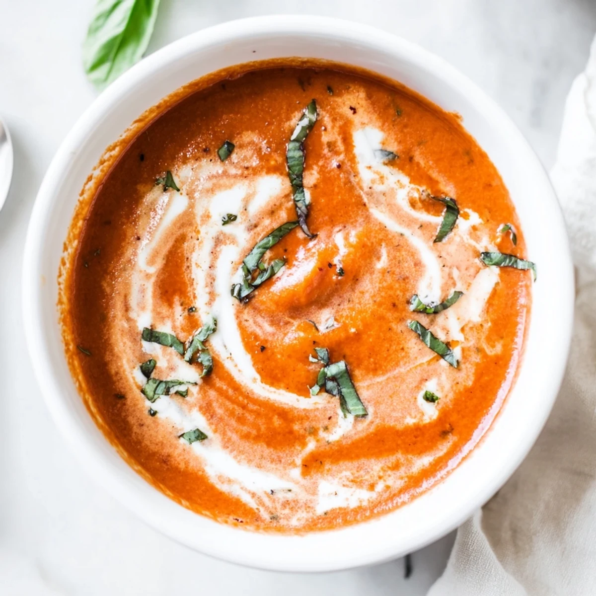 Creamy Tomato Basil Bisque served steaming in a rustic bowl with fresh basil garnish.