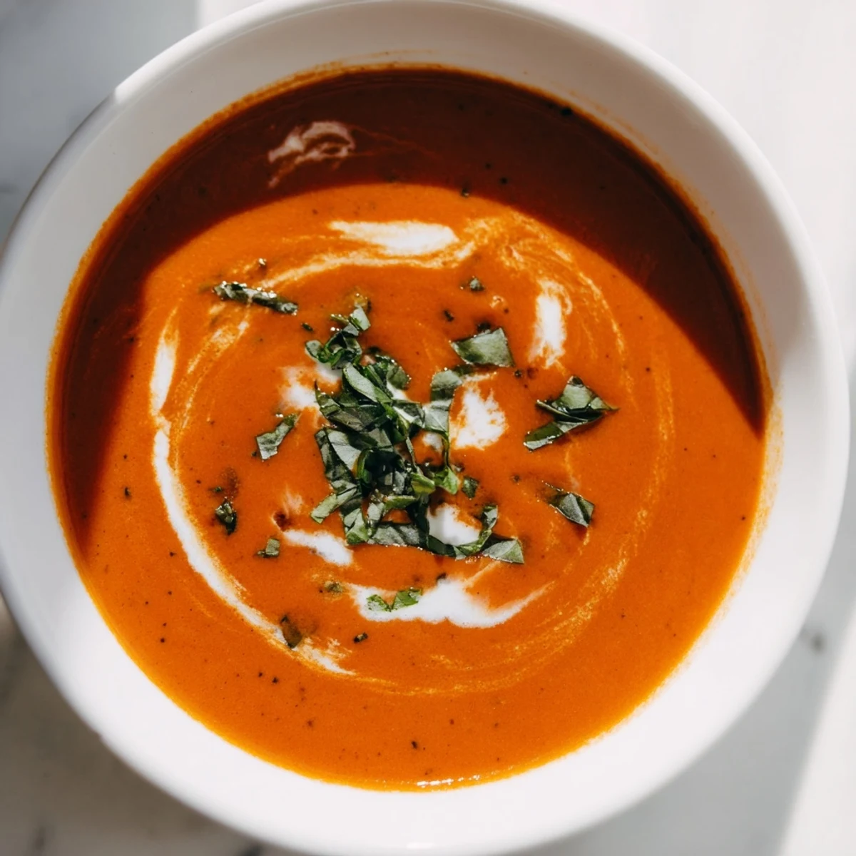 A close-up of Creamy Tomato Basil Bisque, thick and velvety with basil pieces.
