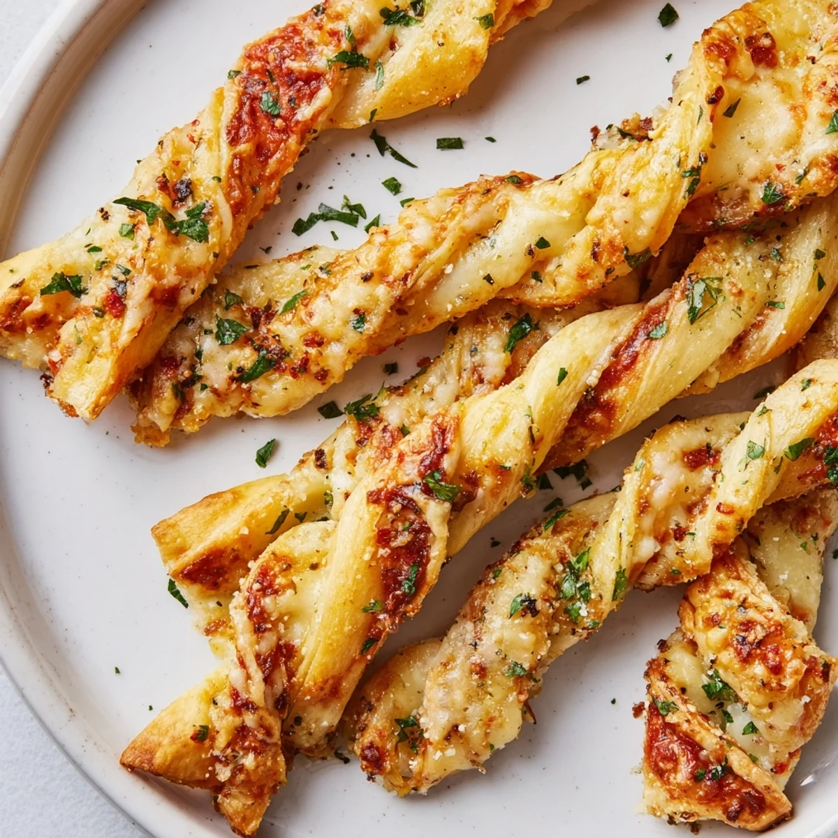 Golden Crispy Air Fryer Pizza Cheese Bread Twists filled with melted mozzarella and herbs.