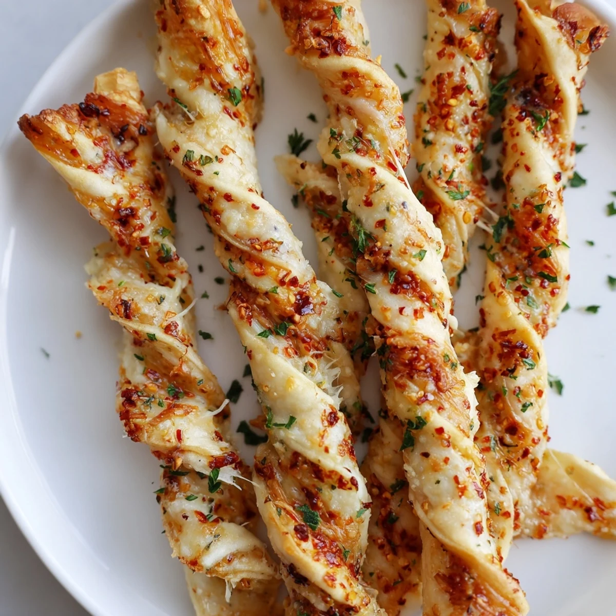 Air fryer basket holds golden Crispy Air Fryer Pizza Cheese Bread Twists brushed with garlic butter.