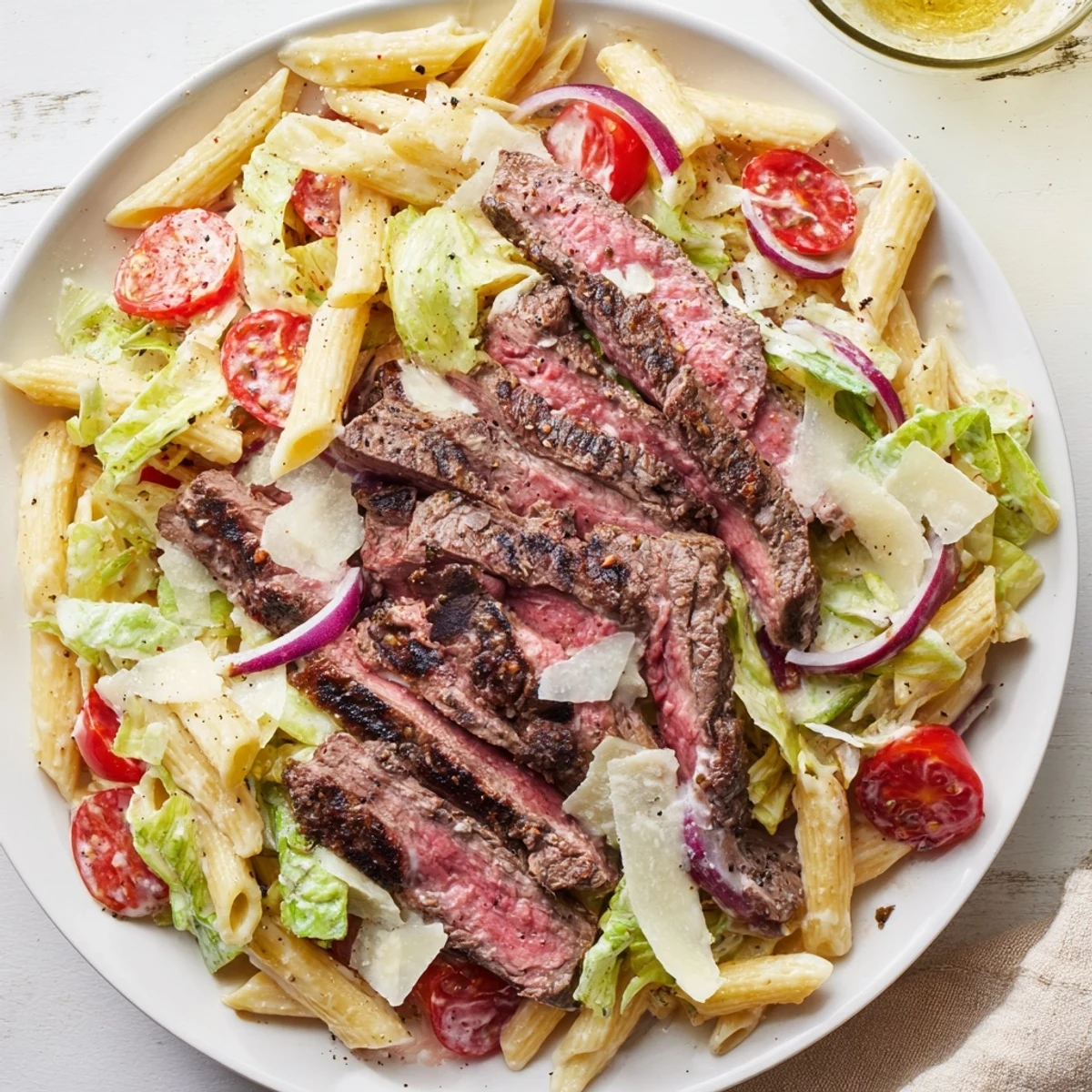 Juicy grilled steak slices rest atop a vibrant Flavorful Steak Caesar Pasta Salad with crisp romaine and pasta.