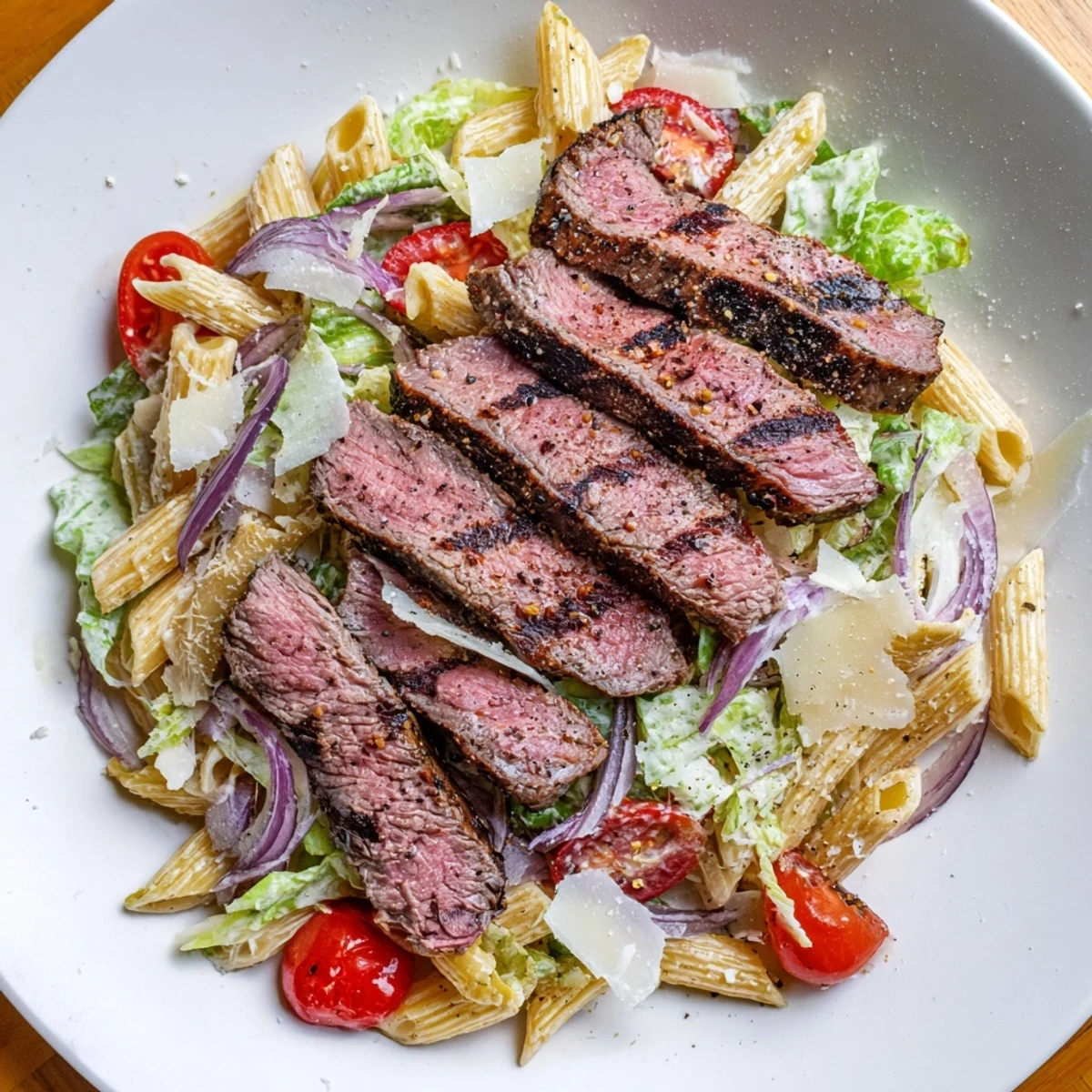 Flavorful Steak Caesar Pasta Salad showcases al dente rotini, cherry tomatoes, and shaved Parmesan on a rustic table.
