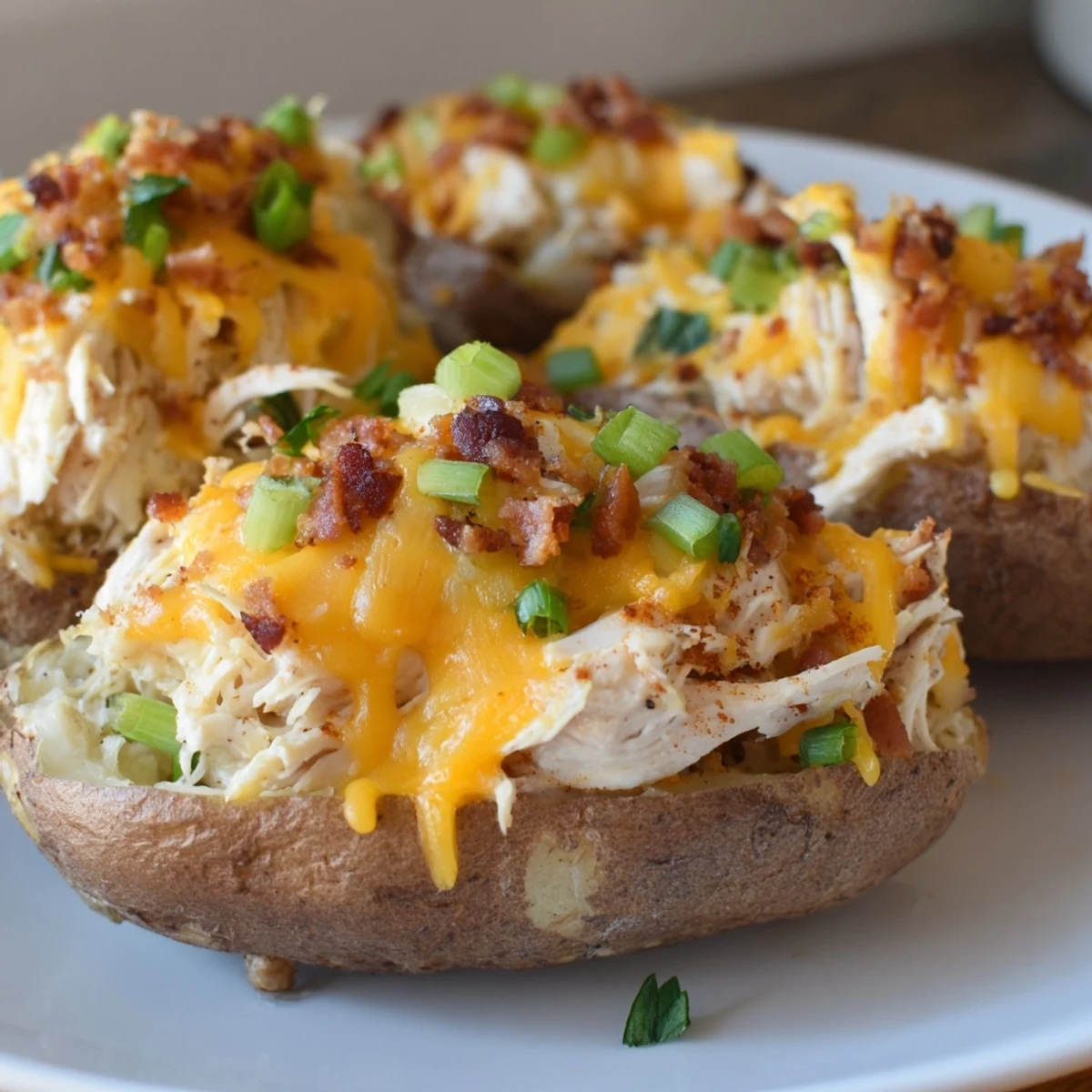 Golden twice-baked potatoes topped with bubbly cheese and parsley, filled with shredded chicken, bacon, and a rich, savory mashed potato mixture.