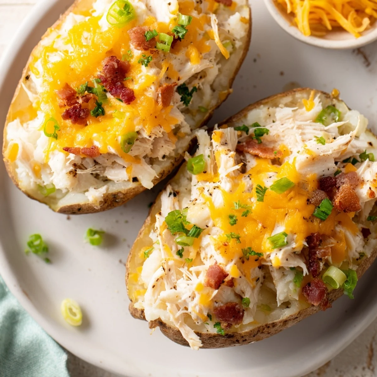 Crispy baked russet potatoes stuffed with a creamy chicken and cheddar filling, topped with melted cheese and fresh parsley for a savory main dish.