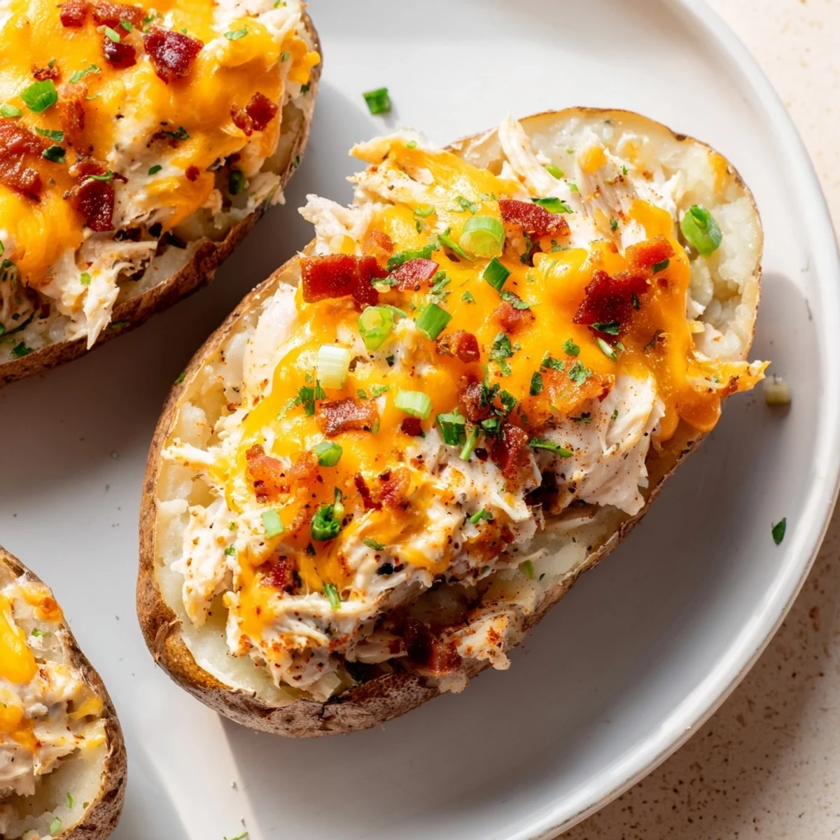 Mud Chicken Stuffed Twice Baked Potatoes served hot on a plate, revealing a hearty, cheesy filling with tender chicken and green onions.