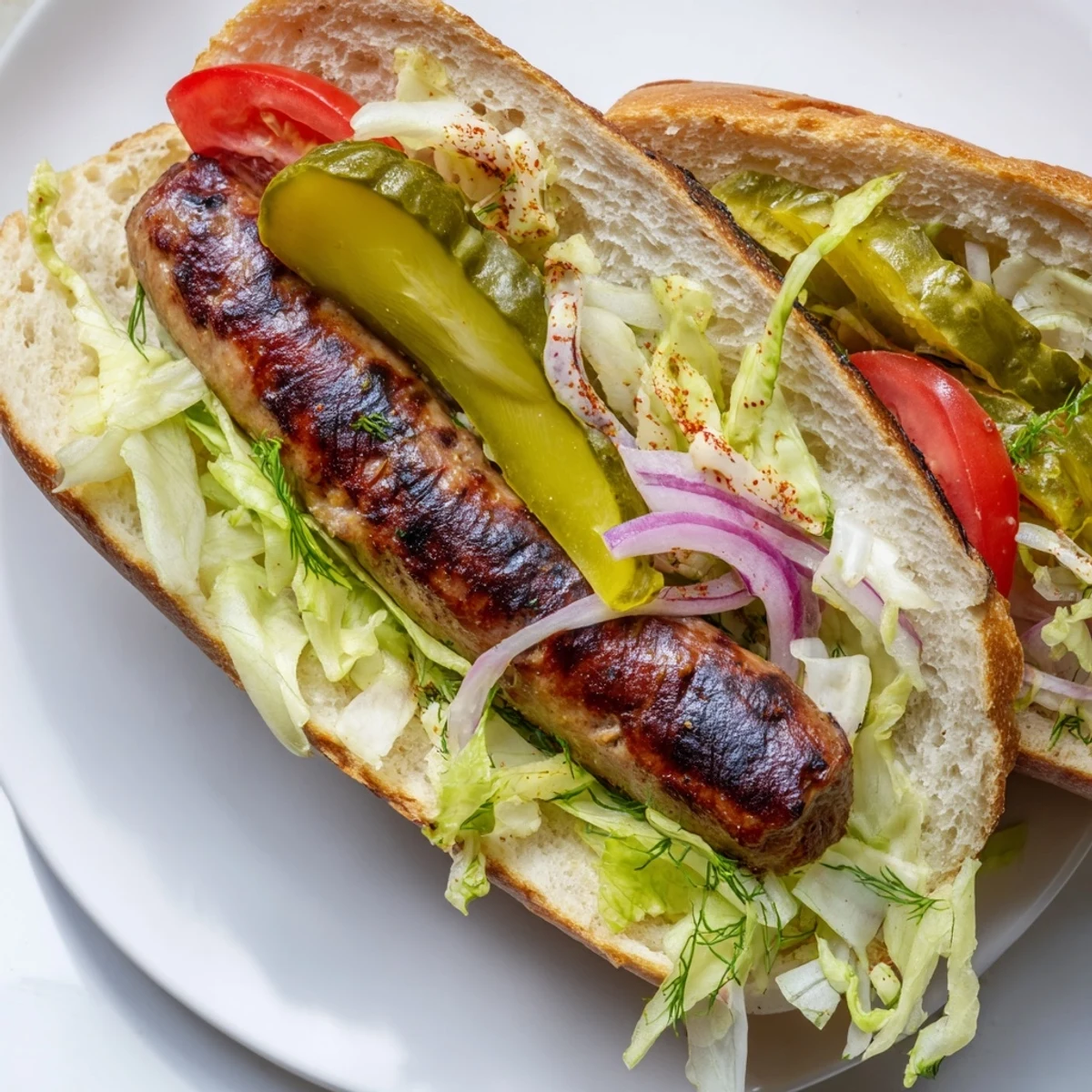 Golden-brown Cajun beef sausages nestled in crusty baguettes with creamy remoulade and vibrant fresh vegetables on a plate.