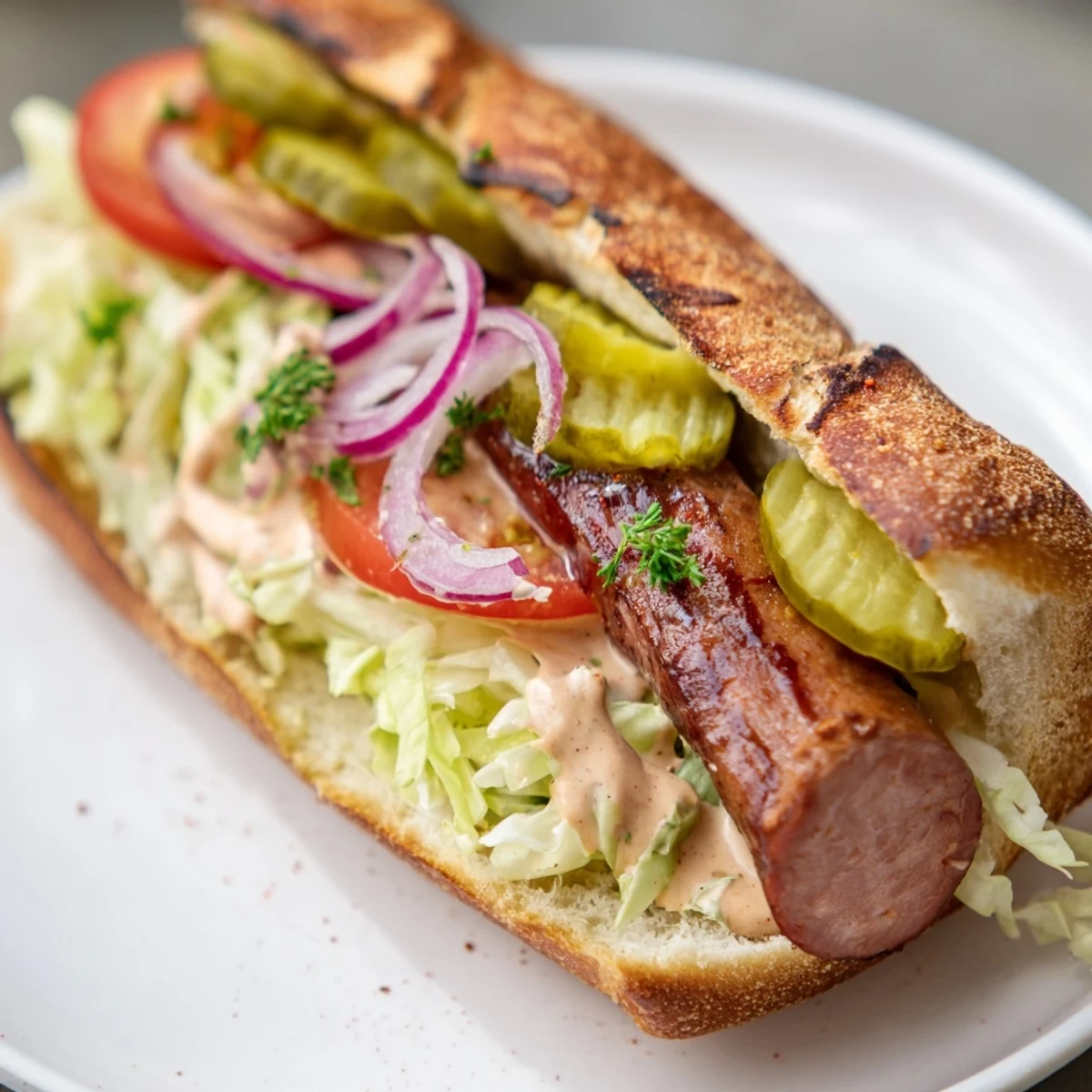 Four grilled Cajun beef sausage po boy sandwiches, topped with crisp lettuce, ripe tomatoes, and tangy pickles, resting on a wooden board.