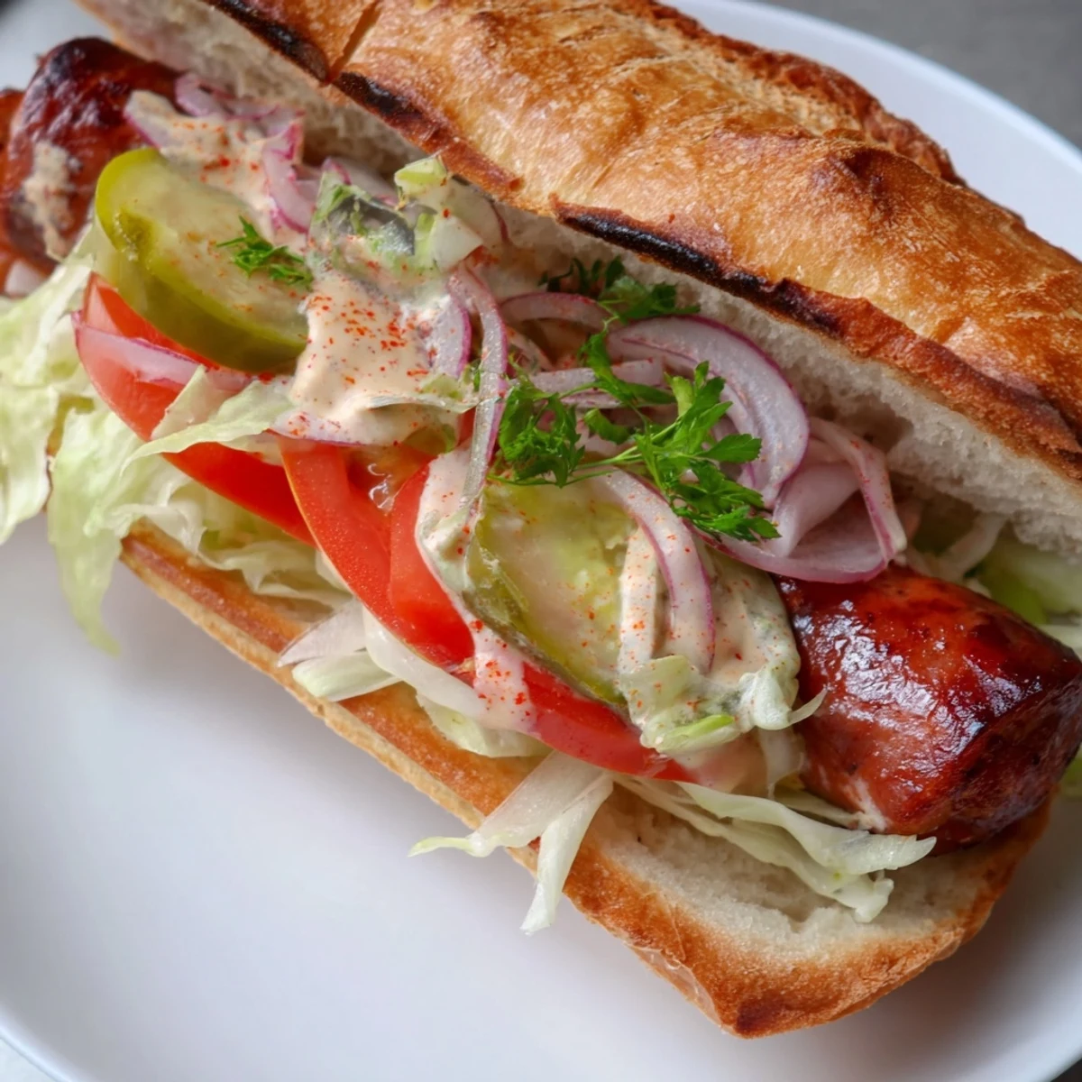 Close-up of a Grilled Cajun Beef Sausage Po Boy Sandwich showing juicy meat and colorful toppings for a hearty Louisiana-inspired meal.