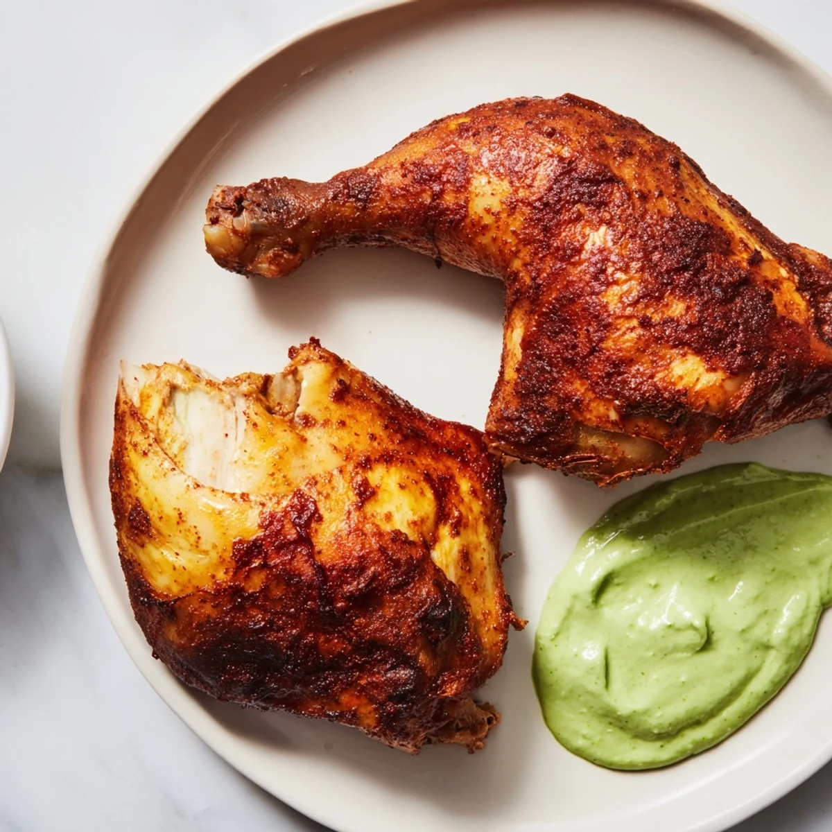 Freshly carved Peruvian Roast Chicken with Creamy Green Sauce plated beside roasted potatoes and a vibrant green drizzle. 