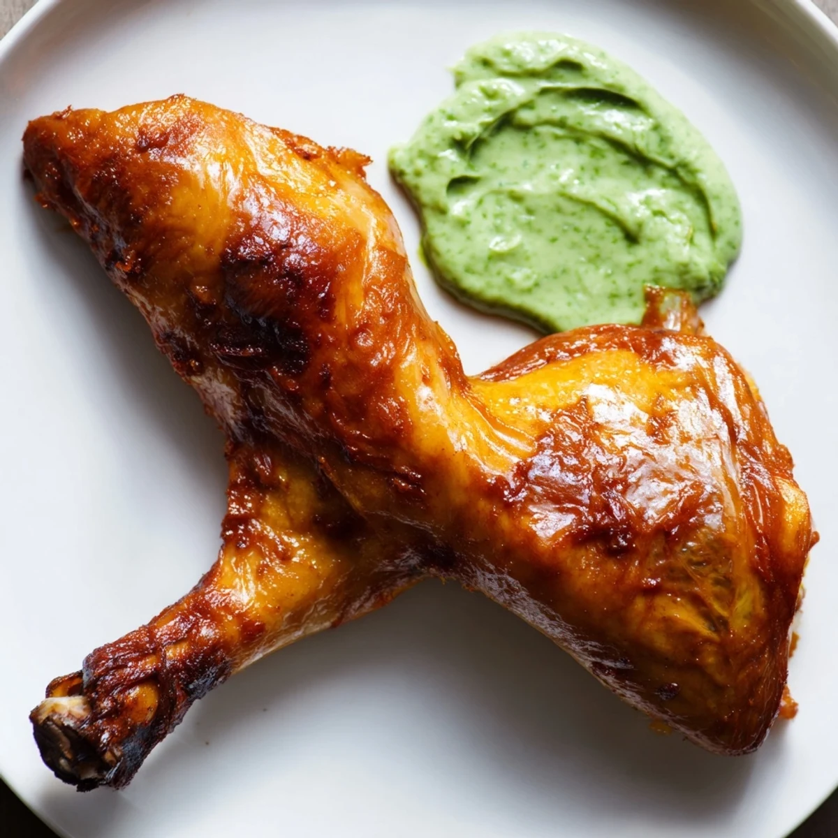 Juicy Peruvian Roast Chicken with Creamy Green Sauce rests on a cutting board, herbs visible on the crispy skin. 