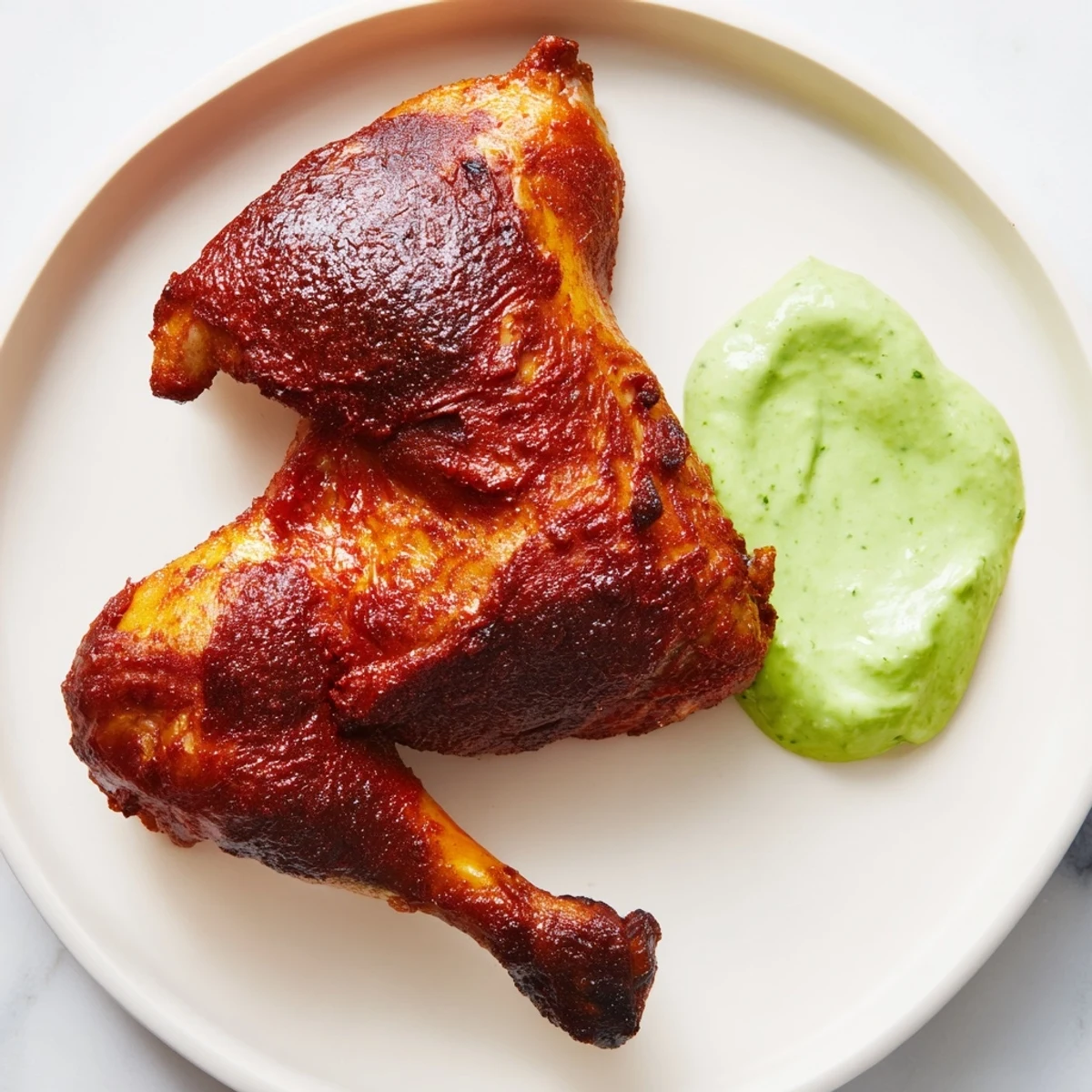 Whole roasted Peruvian Roast Chicken with Creamy Green Sauce presented on a platter with cilantro garnish and lemon wedges.