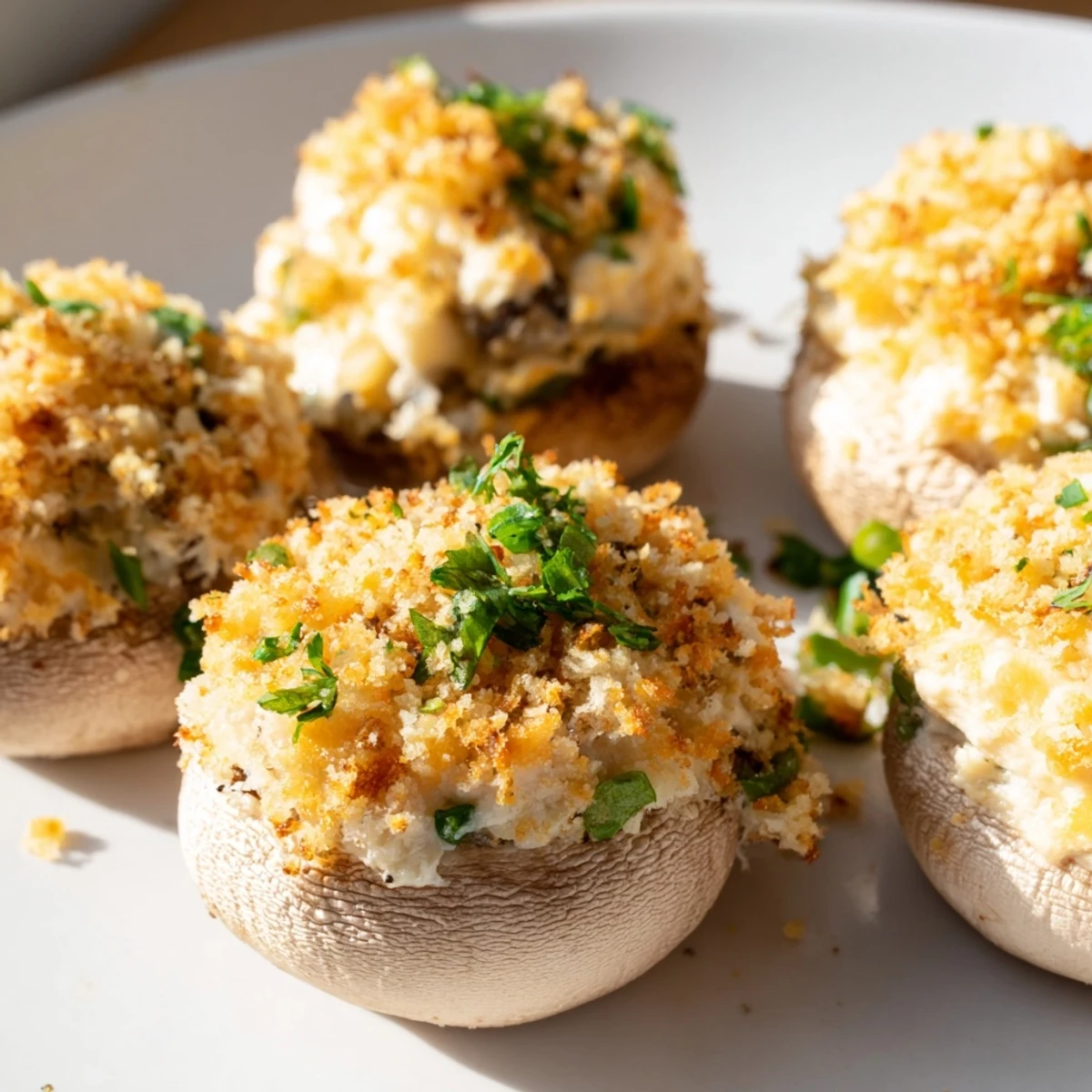 Golden-brown Mozzarella Popper Stuffed Mushrooms on a baking sheet, topped with melted cheddar, spices, and fresh parsley for a festive appetizer.