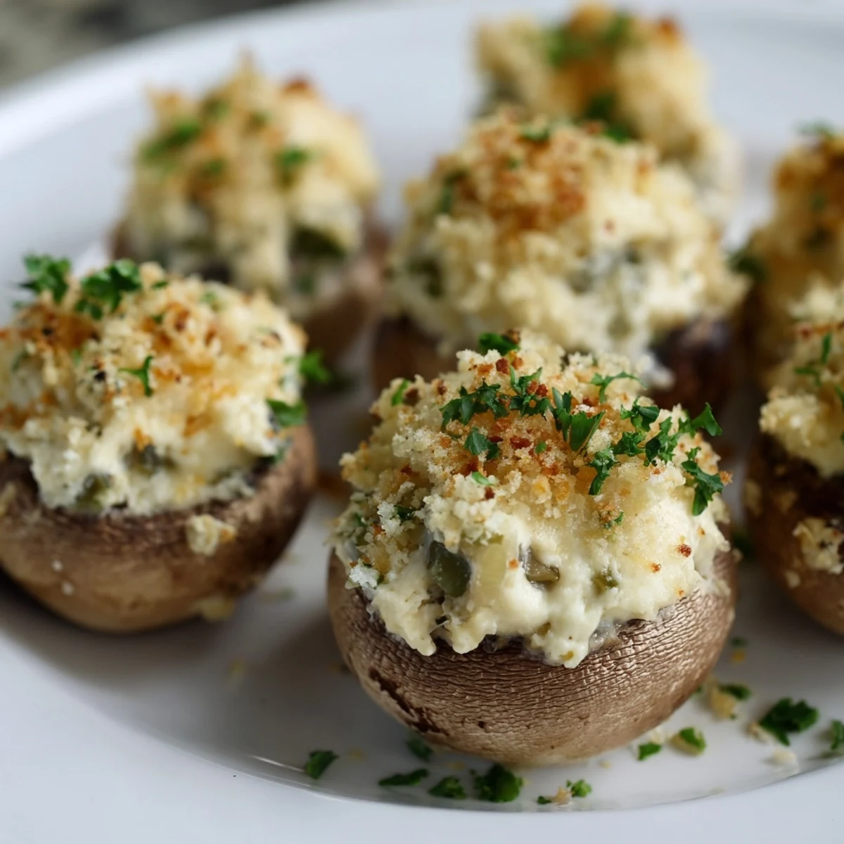 Close-up view of Mozzarella Popper Stuffed Mushrooms with creamy cheese filling and a crunchy breadcrumb topping, served warm on a rustic platter.