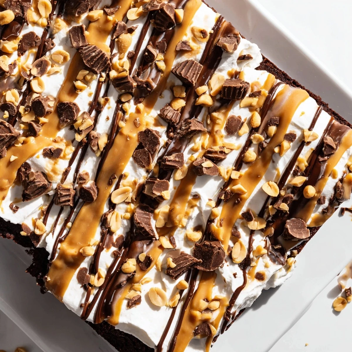 Moist chocolate cake with creamy peanut butter pudding filling, topped with whipped cream drizzle.