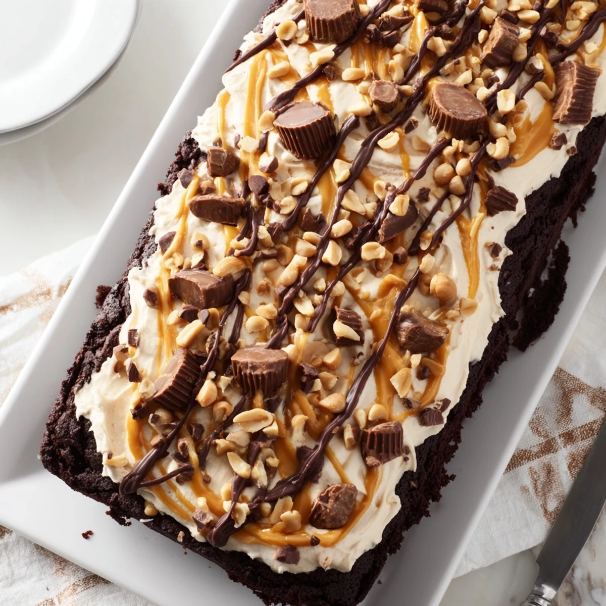 Slice of Chocolate Peanut Butter Poke Cake showing rich chocolate-peanut butter drizzle.