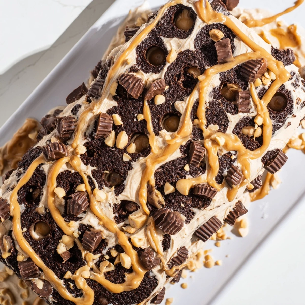 Decadent Chocolate Peanut Butter Poke Cake garnished with chopped peanuts and mini peanut butter cups.