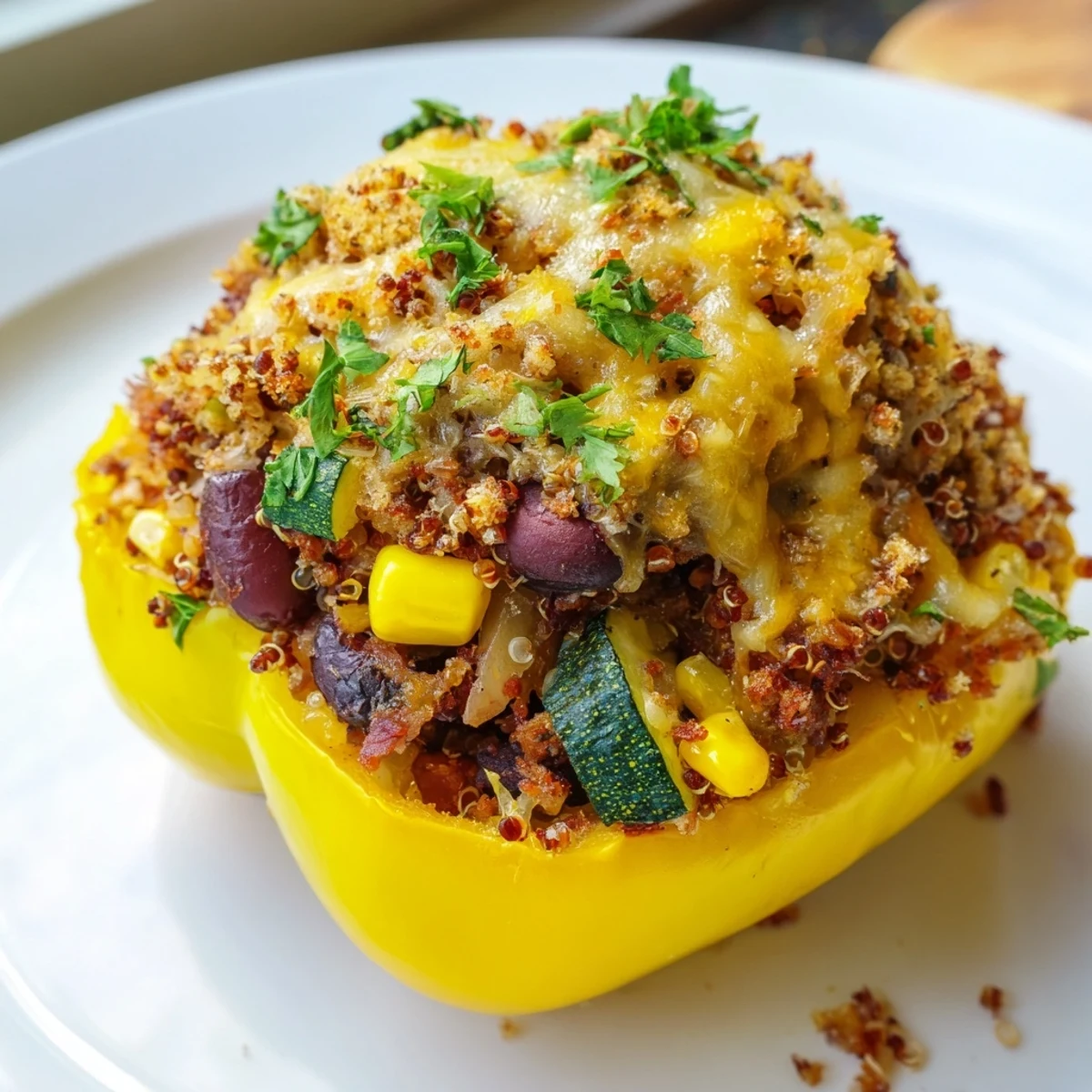 Tender bell peppers reveal a chunky potato filling with black beans and sweet corn.