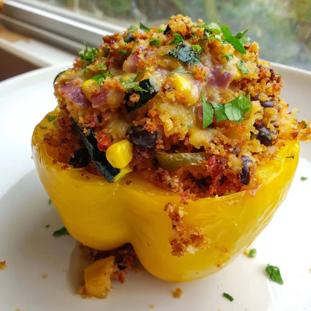 A vibrant plate of Cajun Potato Stuffed Bell Peppers is topped with fresh parsley.