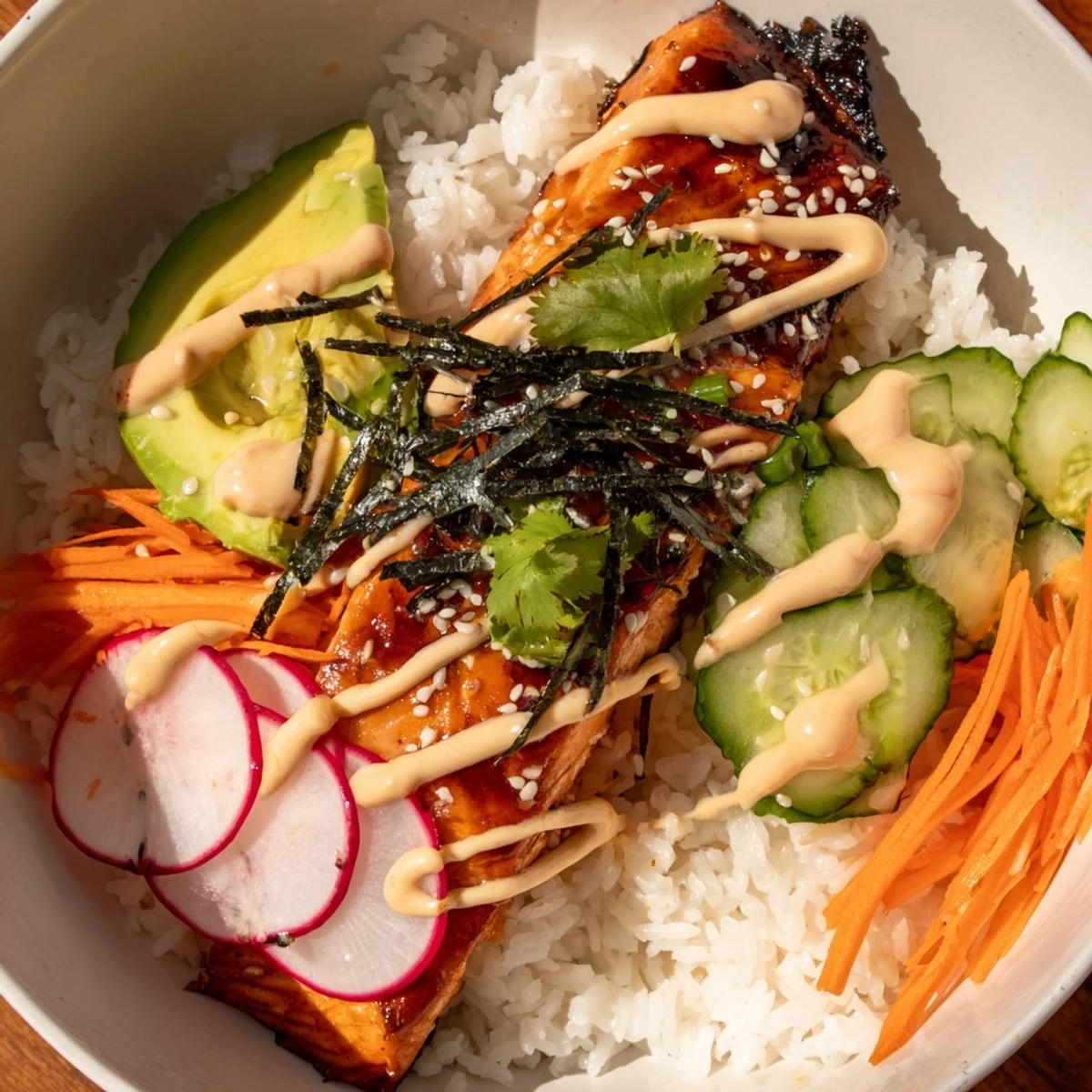A close look at vibrant teriyaki salmon rice taco bowls with pickled veggies, sesame seeds, and nori strips on a cozy kitchen table.