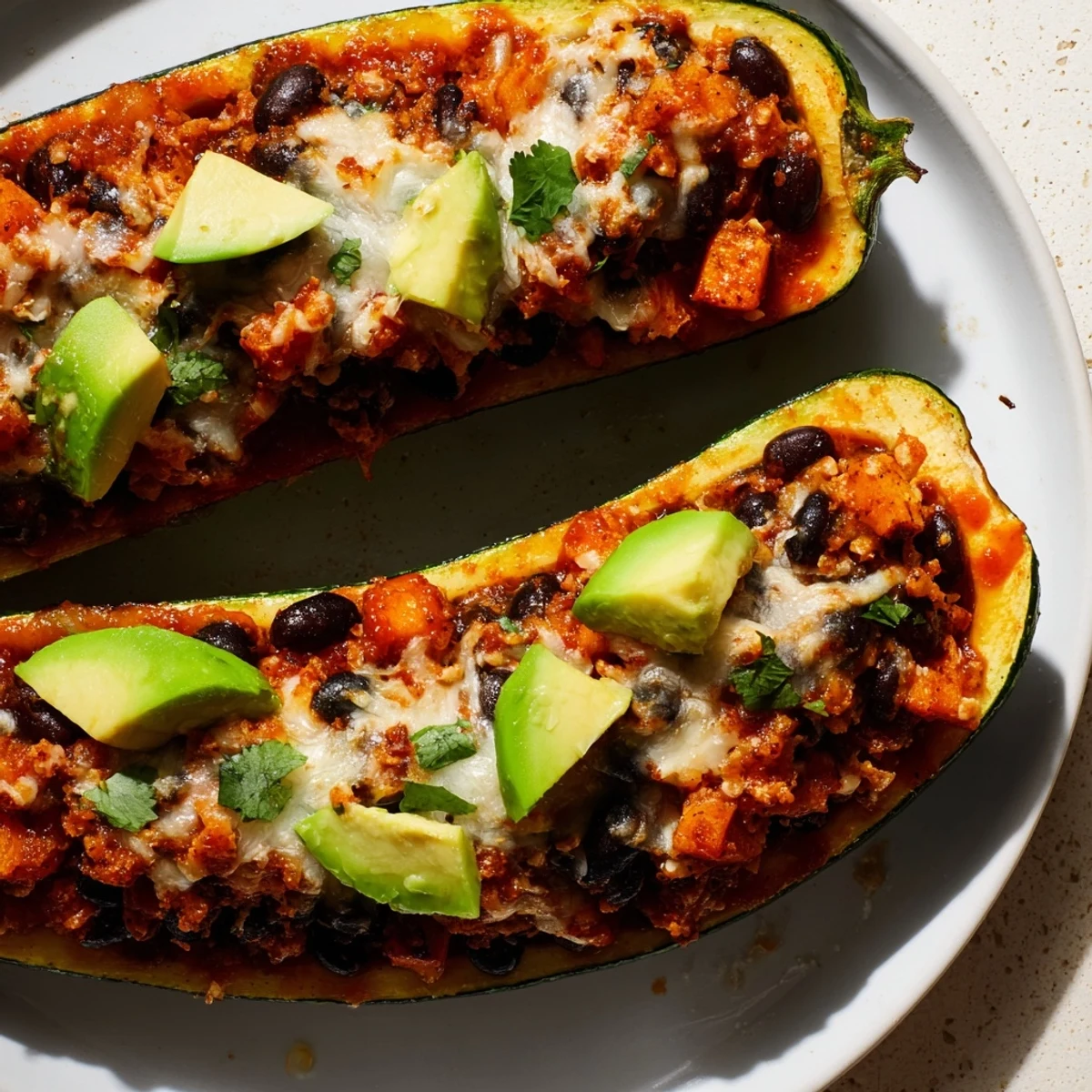 A close-up of Black Bean and Butternut Squash Enchilada Boats with creamy avocado slices and lime wedges on a plate.