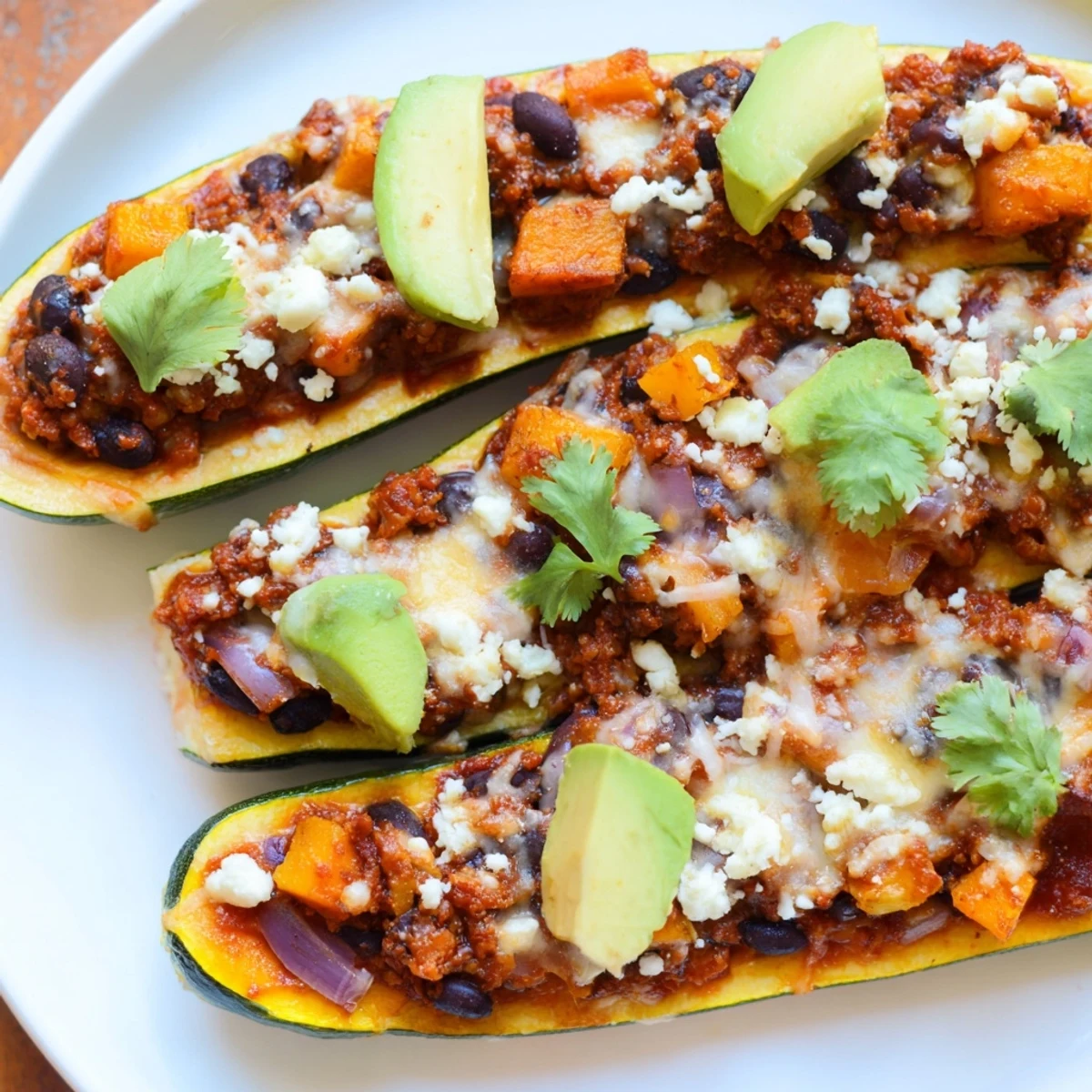 Vibrant Black Bean and Butternut Squash Enchilada Boats garnished with queso fresco and cilantro, served hot on a wooden table.