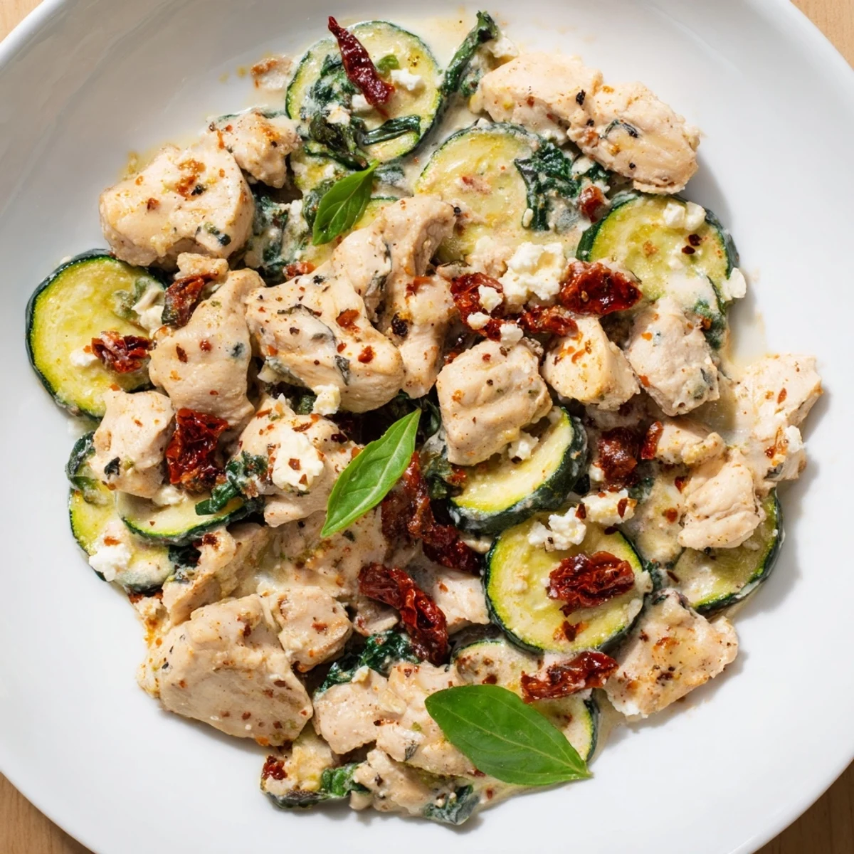 Fork-tender chicken pieces, golden zucchini, and creamy feta in the Marry Me Mediterranean Chicken Zucchini Bake, right from the oven.
