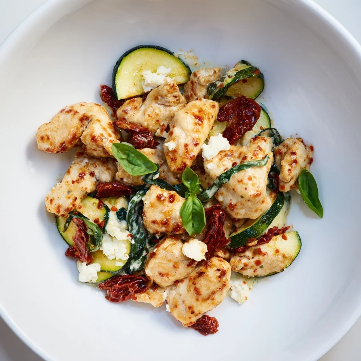 Vibrant Mediterranean flavors in this gluten-free Marry Me Mediterranean Chicken Zucchini Bake, with a bubbling cheesy sauce.