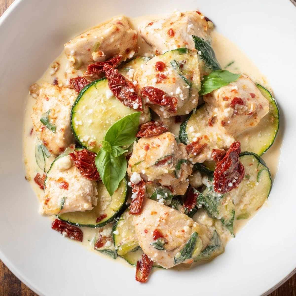 A close-up of the baked dish featuring melted mozzarella, sun-dried tomatoes, and fresh basil garnish, served hot.